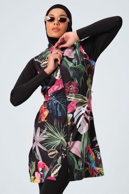 Alfasa 23430 Black and Pink Nature Pattern Full Coverage Hijab Swimsuit - ihvan