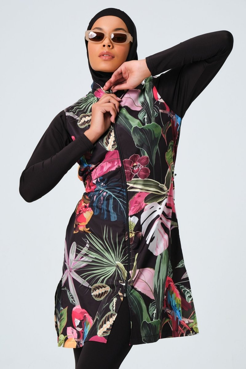 Alfasa 23430 Black and Pink Nature Pattern Full Coverage Hijab Swimsuit - ihvan