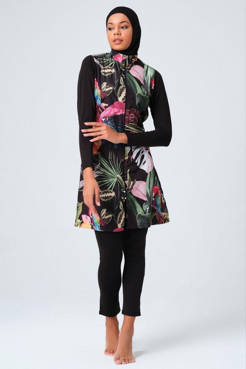 Alfasa 23430 Black and Pink Nature Pattern Full Coverage Hijab Swimsuit - ihvan