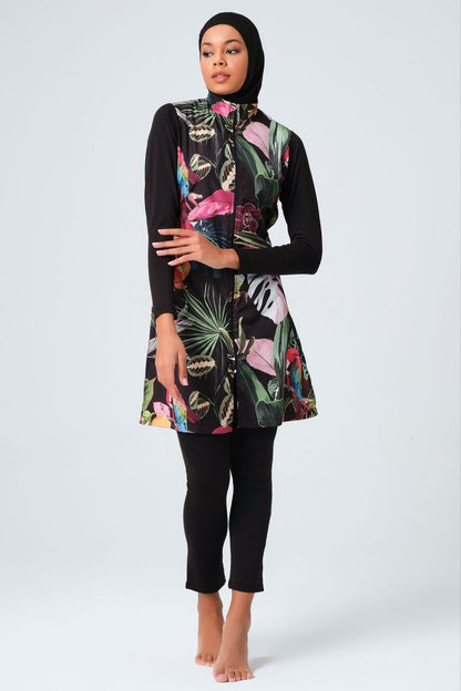 Alfasa 23430 Black and Pink Nature Pattern Full Coverage Hijab Swimsuit - ihvan