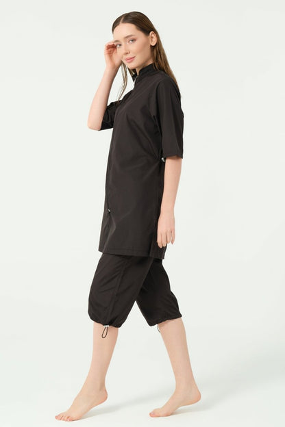 Alfasa Classic Half Sleeve Stand - Up Collar Semi - Closed Swimsuit Black - 25740 - 25 - ihvan