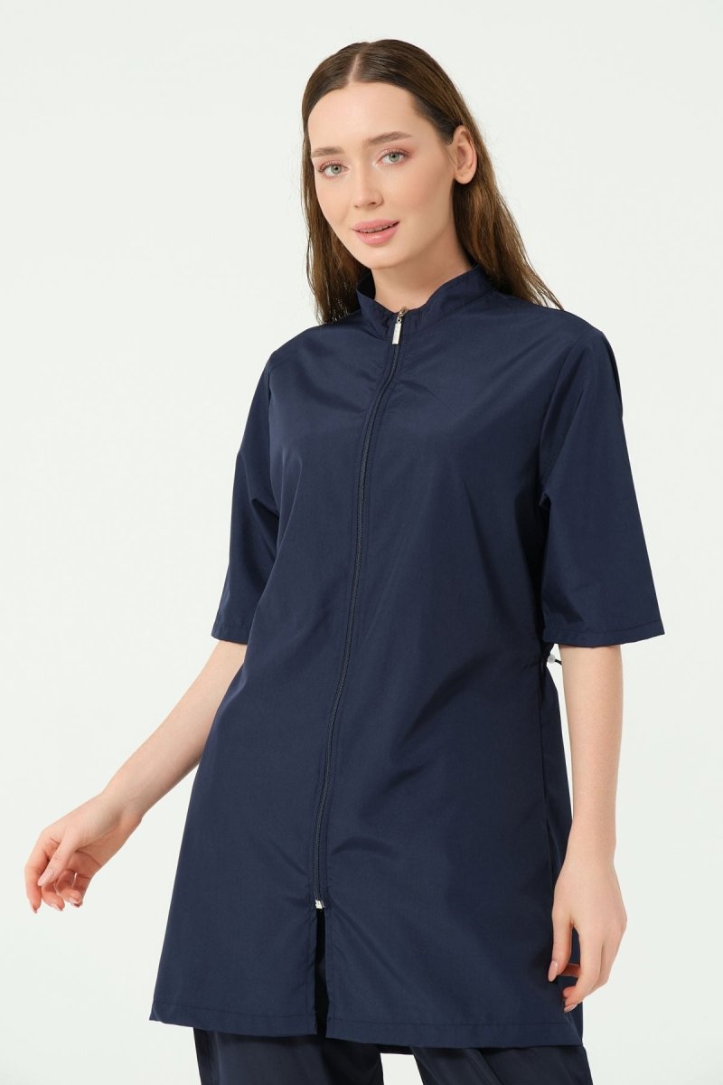 Alfasa Classic Short Sleeve Stand - Up Collar Semi - Closed Swimsuit Navy Blue - 25740 - 25 - ihvan