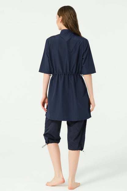Alfasa Classic Short Sleeve Stand - Up Collar Semi - Closed Swimsuit Navy Blue - 25740 - 25 - ihvan