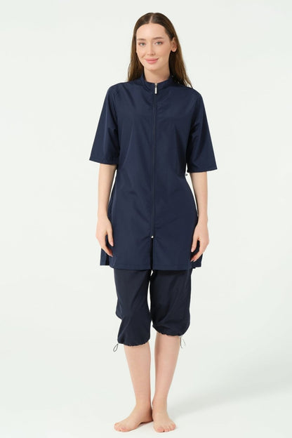 Alfasa Classic Short Sleeve Stand - Up Collar Semi - Closed Swimsuit Navy Blue - 25740 - 25 - ihvan