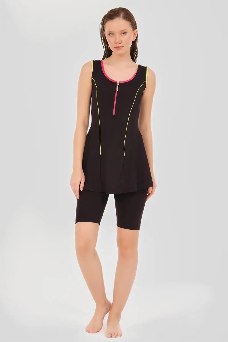 Alfasa Colorful Piping Trimmed Strappy Semi - Closed Swimsuit 24904 - 26 Black - ihvan