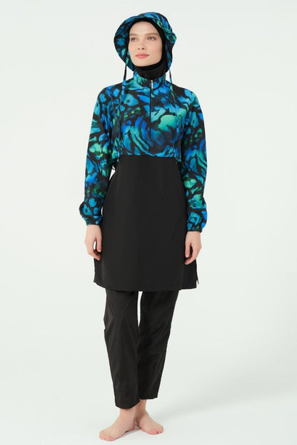 Alfasa Crop - Look Hooded Modest Swimsuit, Long Sleeved, Zippered, 25343 - 26 Black - ihvan