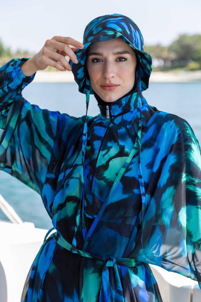 Alfasa Crop - Look Hooded Modest Swimsuit, Long Sleeved, Zippered, 25343 - 26 Black - ihvan