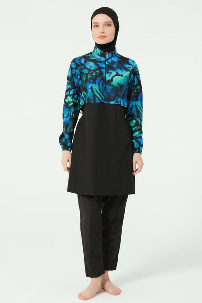 Alfasa Crop - Look Hooded Modest Swimsuit, Long Sleeved, Zippered, 25343 - 26 Black - ihvan