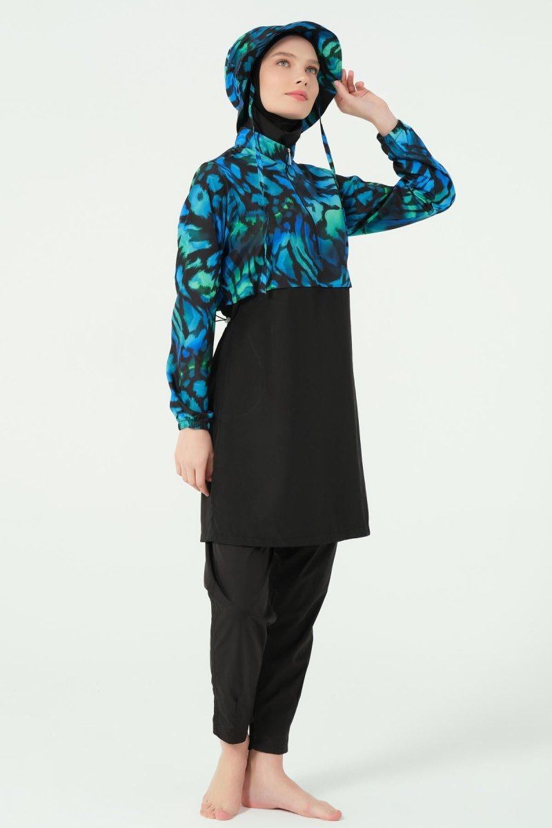 Alfasa Crop - Look Hooded Modest Swimsuit, Long Sleeved, Zippered, 25343 - 26 Black - ihvan