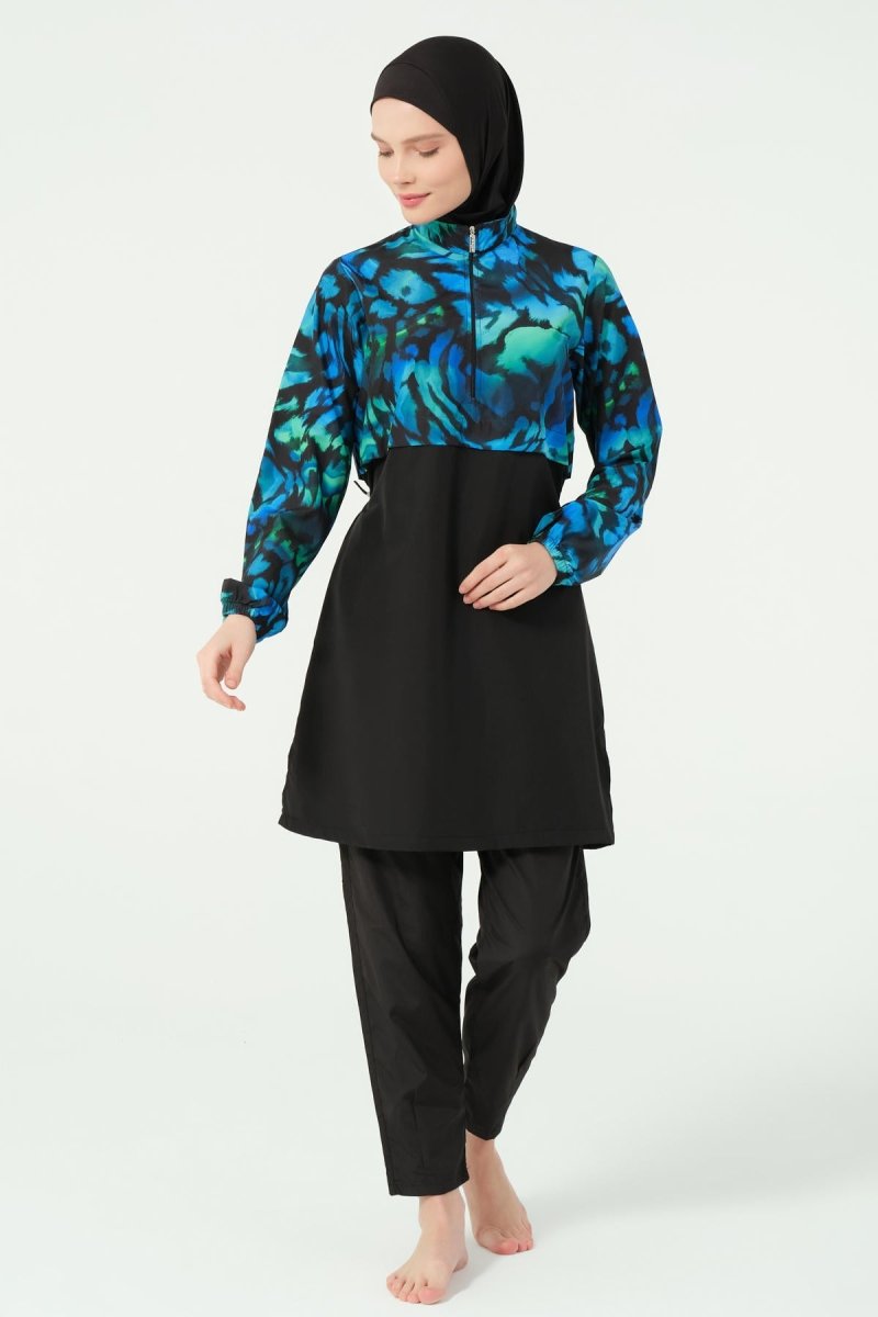 Alfasa Crop - Look Hooded Modest Swimsuit, Long Sleeved, Zippered, 25343 - 26 Black - ihvan