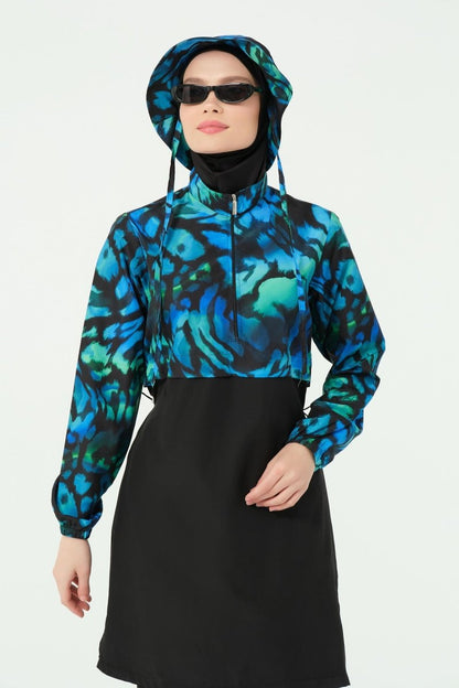Alfasa Crop - Look Hooded Modest Swimsuit, Long Sleeved, Zippered, 25343 - 26 Black - ihvan