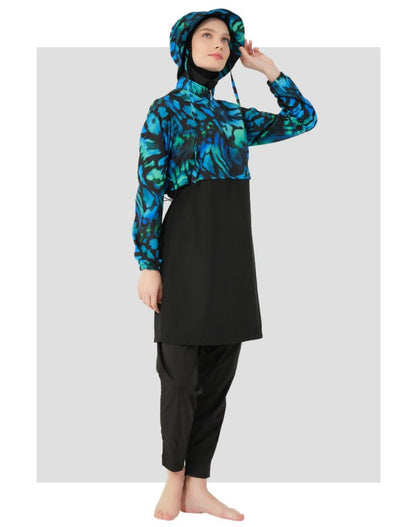Alfasa Crop - Look Hooded Zippered Fully Covered Hijab Swimsuit 25343 - 25 Black - ihvan
