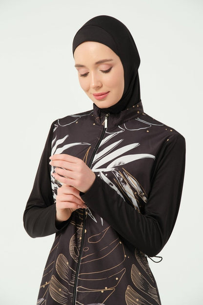 Alfasa Crop - Look Plus Size Modest Swimsuit with Hood, Long Sleeves, Zipper, 25343 - 26 Black - ihvan
