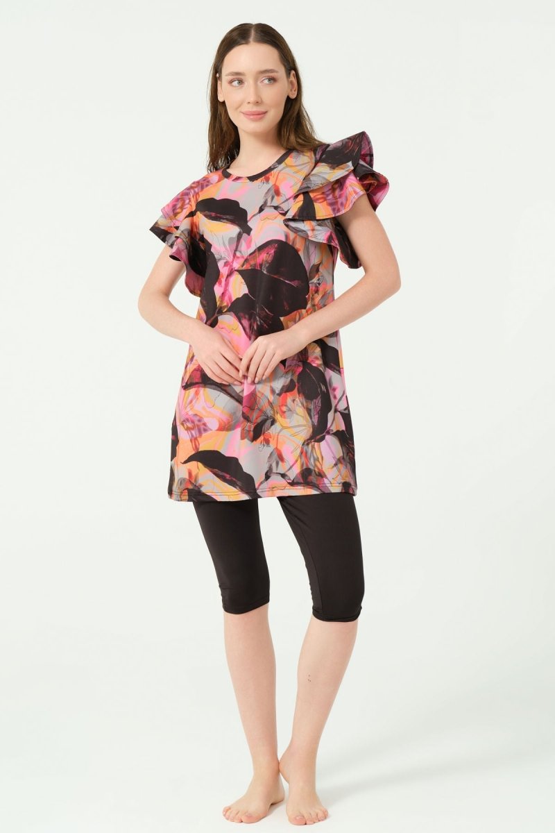 Alfasa Feyora Patterned Ruffle Detail Short Sleeve Semi - Closed Swimsuit Black - 25779 - 25 - ihvan