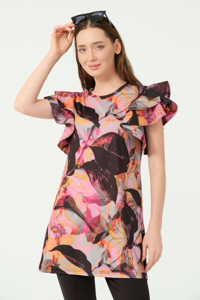 Alfasa Feyora Patterned Ruffle Detail Short Sleeve Semi - Closed Swimsuit Black - 25779 - 25 - ihvan