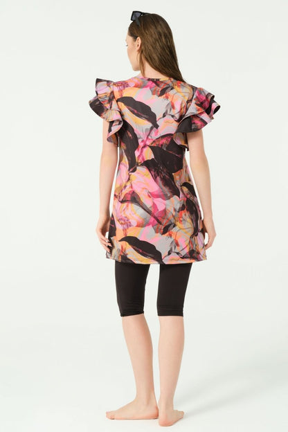 Alfasa Feyora Patterned Ruffle Detail Short Sleeve Semi - Closed Swimsuit Black - 25779 - 25 - ihvan