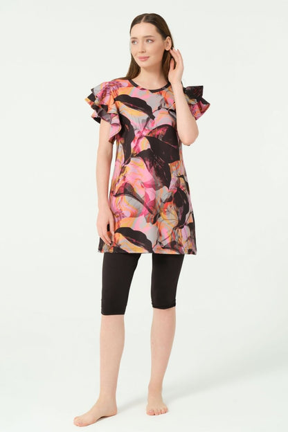 Alfasa Feyora Patterned Ruffle Detail Short Sleeve Semi - Closed Swimsuit Black - 25779 - 25 - ihvan