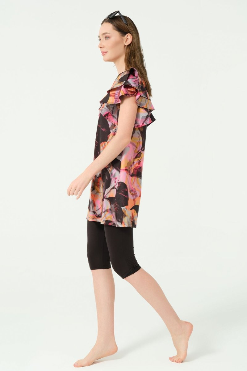 Alfasa Feyora Patterned Ruffle Detail Short Sleeve Semi - Closed Swimsuit Black - 25779 - 25 - ihvan