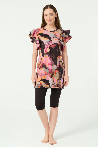 Alfasa Feyora Patterned Ruffle Detail Short Sleeve Semi - Closed Swimsuit Black - 25779 - 25 - ihvan