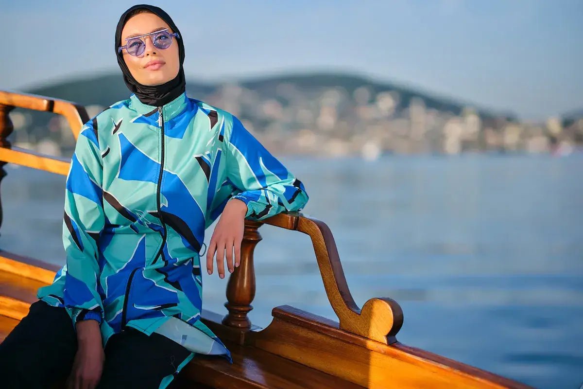 Alfasa Fiji Patterned Zippered Full Coverage Hijab Swimsuit 24200-26 Blue - ihvan