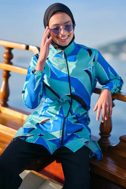 Alfasa Fiji Patterned Zippered Full Coverage Hijab Swimsuit 24200-26 Blue - ihvan