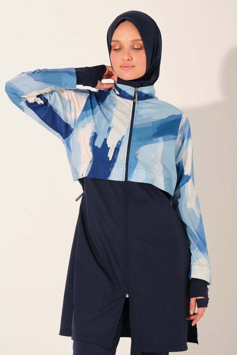 Alfasa Fingerless Crop Full Coverage Hijab Swimsuit 26353 - 26 Navy Blue - ihvan