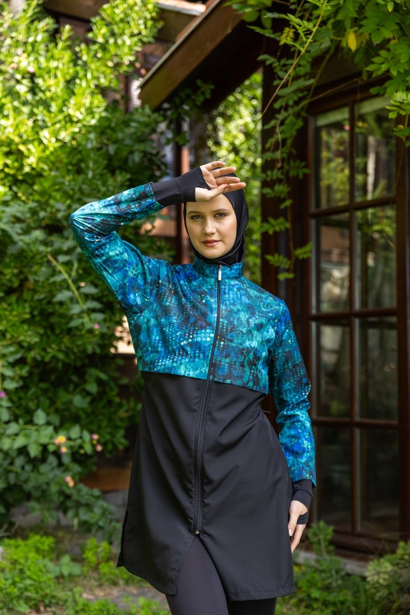 Alfasa Fingerless Crop Modest Swimsuit 25325 - 26 - Black - ihvan