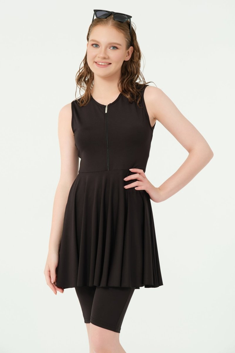Alfasa Flared Skirt Sleeveless Semi - Closed Swimsuit with Zipper 25830 - 26 Black - ihvan