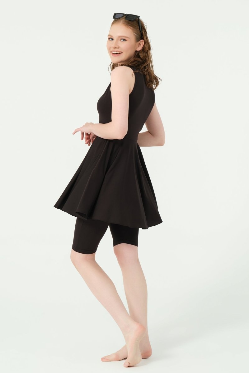 Alfasa Flared Skirt Sleeveless Semi - Closed Swimsuit with Zipper 25830 - 26 Black - ihvan