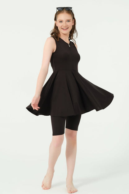 Alfasa Flared Skirt Sleeveless Semi - Closed Swimsuit with Zipper 25830 - 26 Black - ihvan