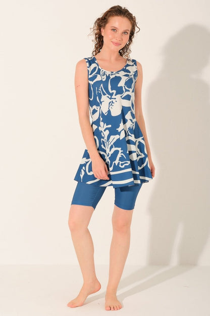 Alfasa Floral Patterned Sleeveless Semi - Closed Hijab Swimsuit Blue 26924 - 26 - ihvan