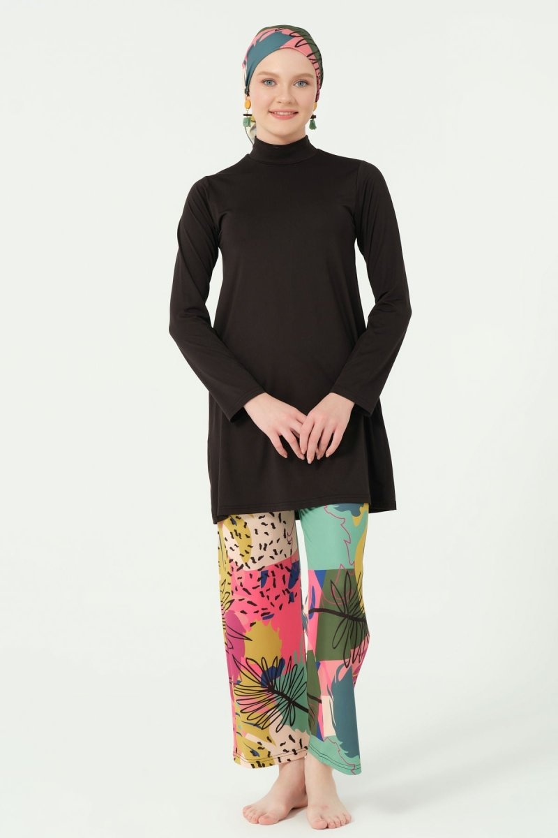 Alfasa Florin Patterned Wide - Leg Trousers Full Coverage Swimsuit Black - 25638 - 25 - ihvan