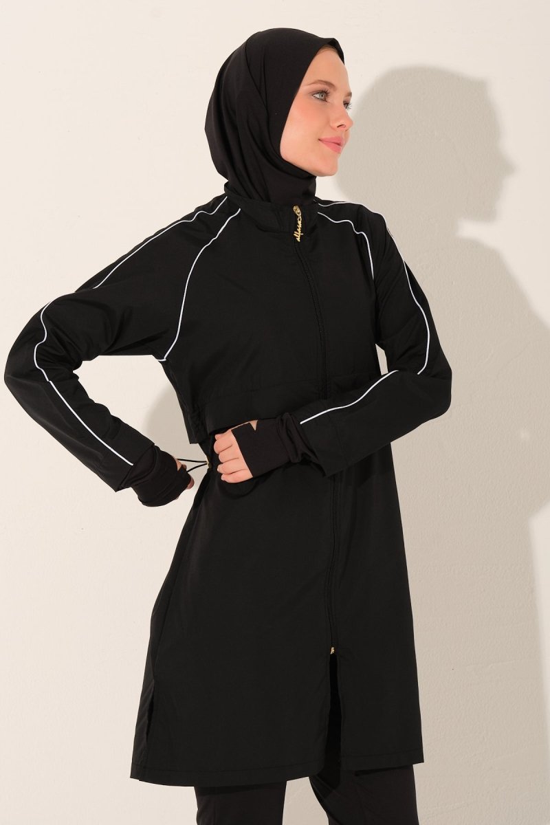 Alfasa Full Coverage Hijab Swimsuit with Trim and Crop Style, 26355 - 26 Black - ihvan
