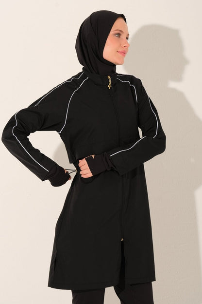 Alfasa Full Coverage Hijab Swimsuit with Trim and Crop Style, 26355 - 26 Black - ihvan