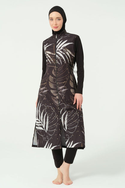 Alfasa Gold Leaf Pattern Full Coverage Hijab Swimsuit 25535 - 25 - Black - ihvan