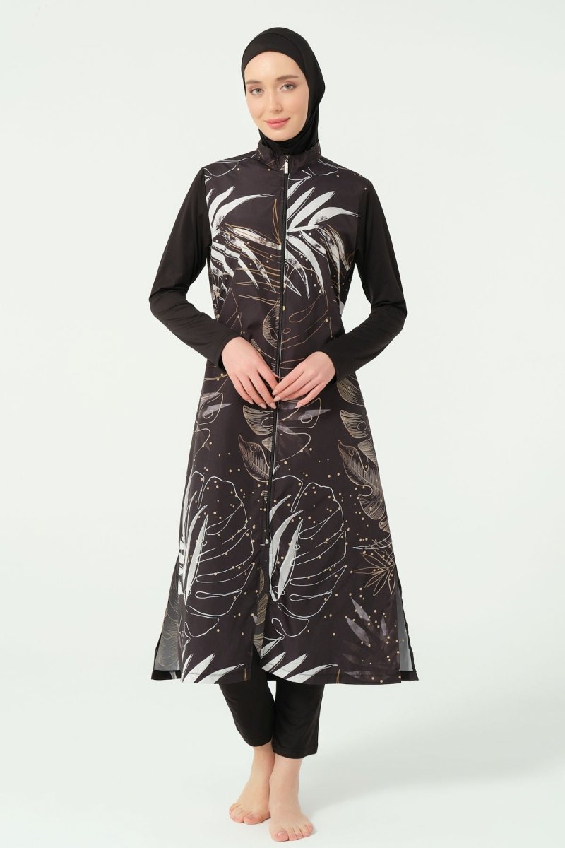 Alfasa Gold Leaf Pattern Full Coverage Hijab Swimsuit 25535 - 25 - Black - ihvan