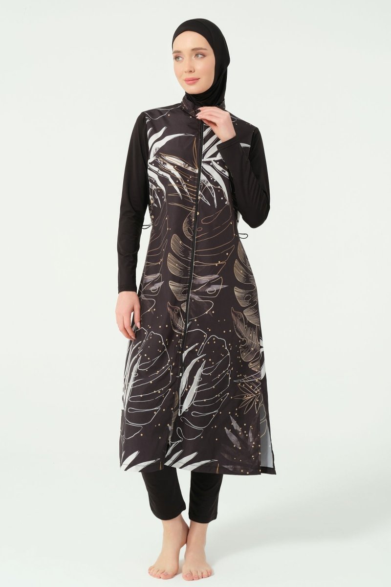 Alfasa Gold Leaf Pattern Full Coverage Hijab Swimsuit 25535 - 25 - Black - ihvan