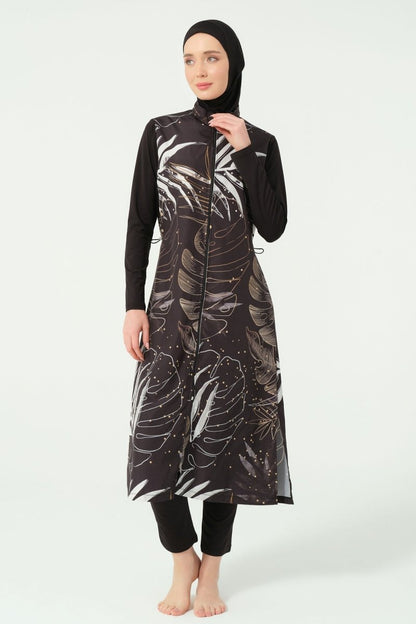 Alfasa Gold Leaf Pattern Full Coverage Hijab Swimsuit 25535 - 25 - Black - ihvan