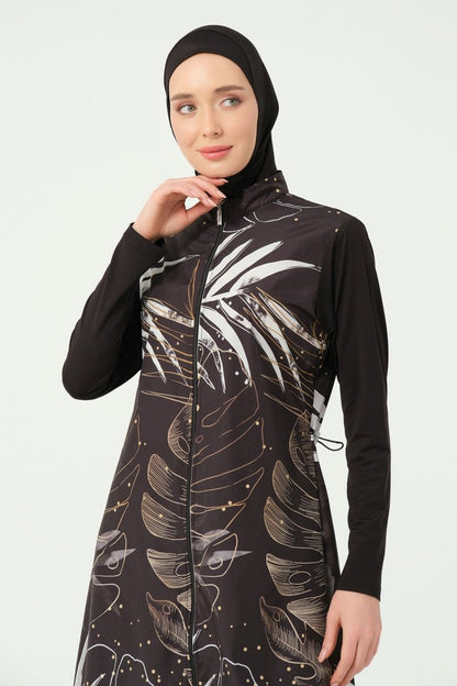Alfasa Gold Leaf Pattern Full Coverage Hijab Swimsuit 25535 - 25 - Black - ihvan