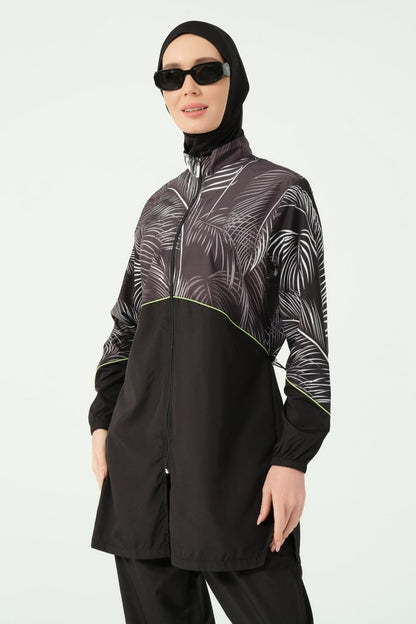 Alfasa Hair Trimmed Patterned Zippered Long - Sleeved Fully Covered Hijab Swimsuit 25267 - 26 Black - ihvan
