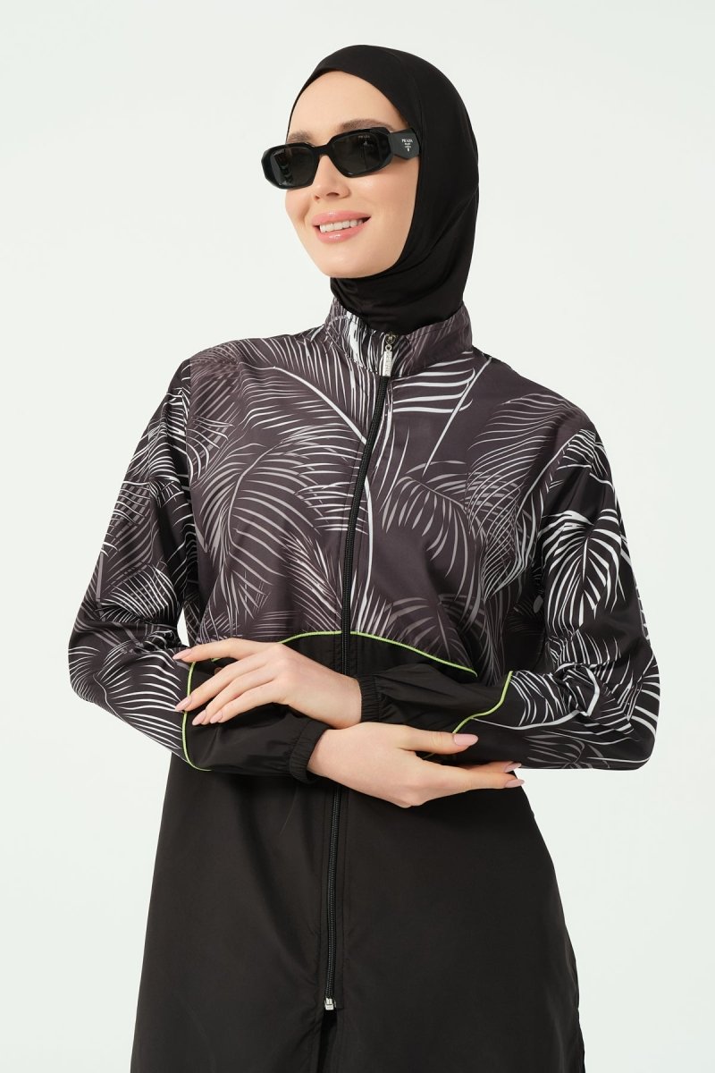 Alfasa Hair Trimmed Patterned Zippered Long - Sleeved Fully Covered Hijab Swimsuit 25267 - 26 Black - ihvan