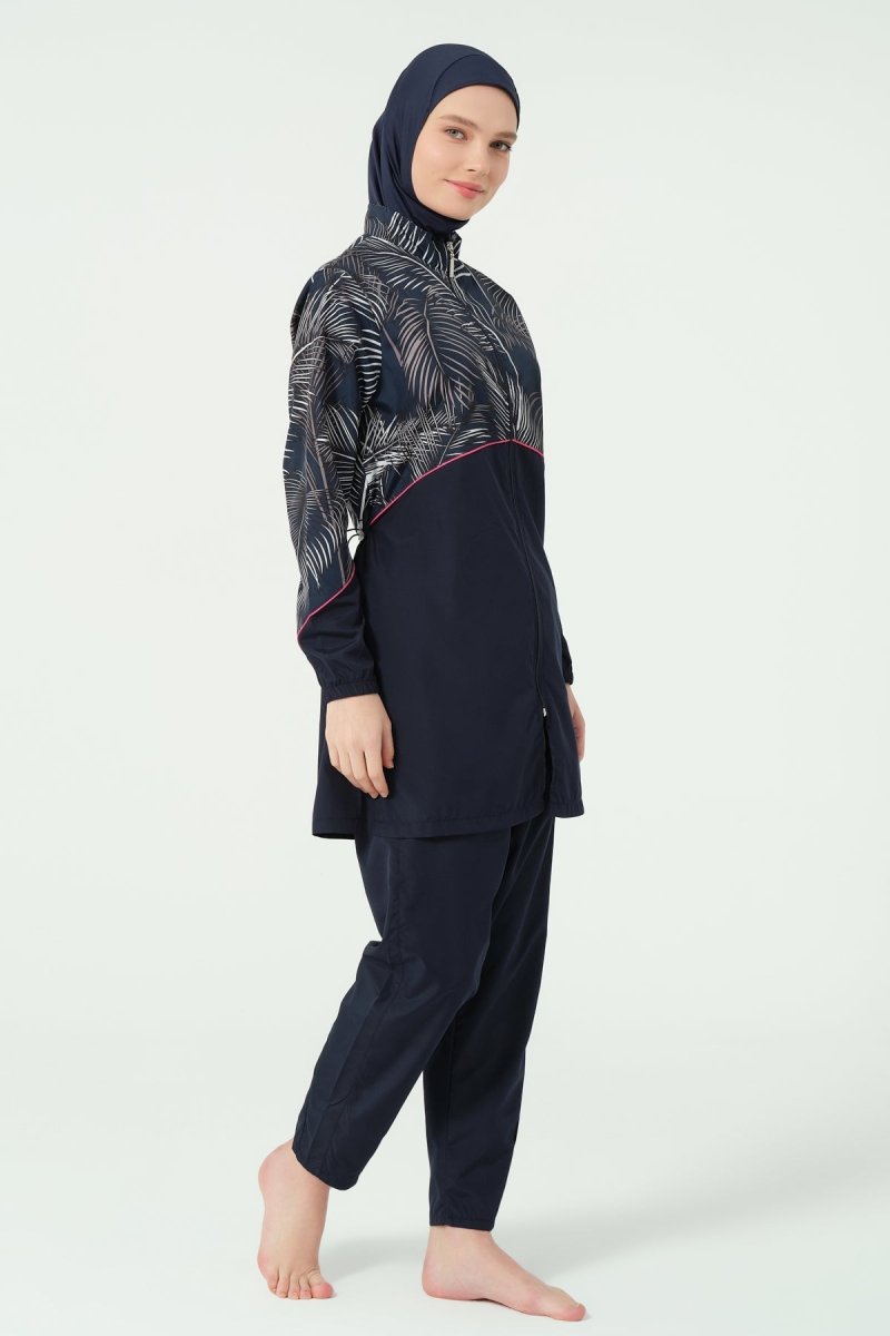 Alfasa Hair Trimmed Patterned Zippered Long - Sleeved Fully Covered Hijab Swimsuit 25267 - 26 Navy Blue - ihvan