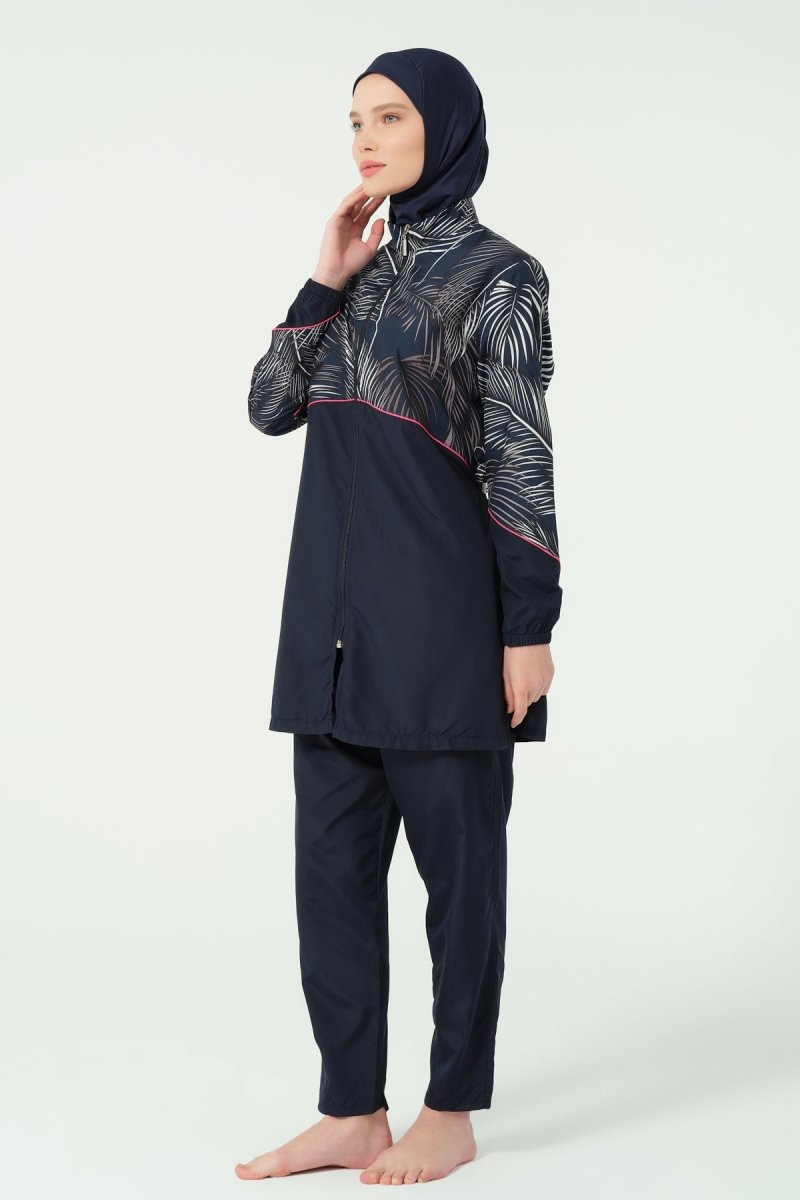Alfasa Hair Trimmed Patterned Zippered Long - Sleeved Fully Covered Hijab Swimsuit 25267 - 26 Navy Blue - ihvan