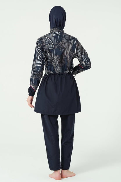 Alfasa Hair Trimmed Patterned Zippered Long - Sleeved Fully Covered Hijab Swimsuit 25267 - 26 Navy Blue - ihvan