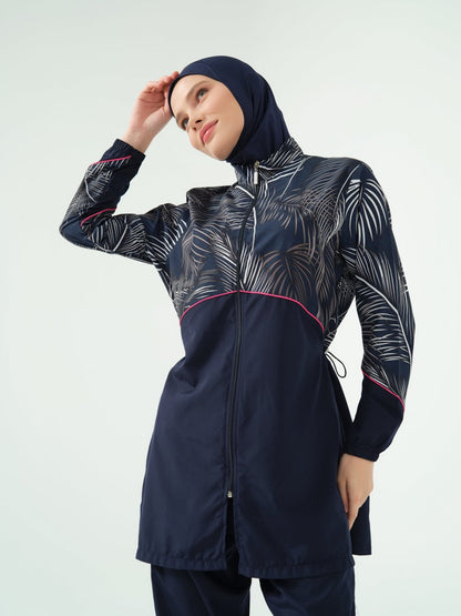 Alfasa Hair Trimmed Patterned Zippered Long - Sleeved Fully Covered Hijab Swimsuit 25267 - 26 Navy Blue - ihvan