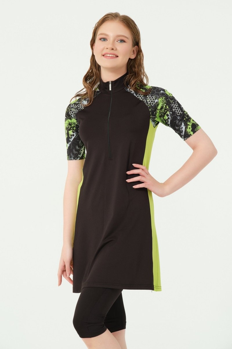 Alfasa Half - Zip Fitted Half - Sleeve Semi - Closed Swimsuit 24710 - 25 Green - ihvan
