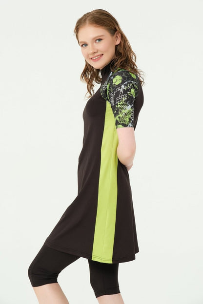 Alfasa Half - Zip Fitted Half - Sleeve Semi - Closed Swimsuit 24710 - 25 Green - ihvan
