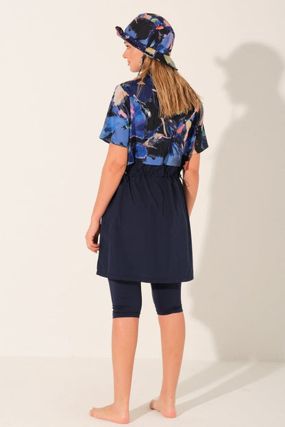 Alfasa Hooded Crop Style Half Sleeve Semi - Closed Modest Swimsuit with Leggings 26711 - 26 Navy Blue - ihvan