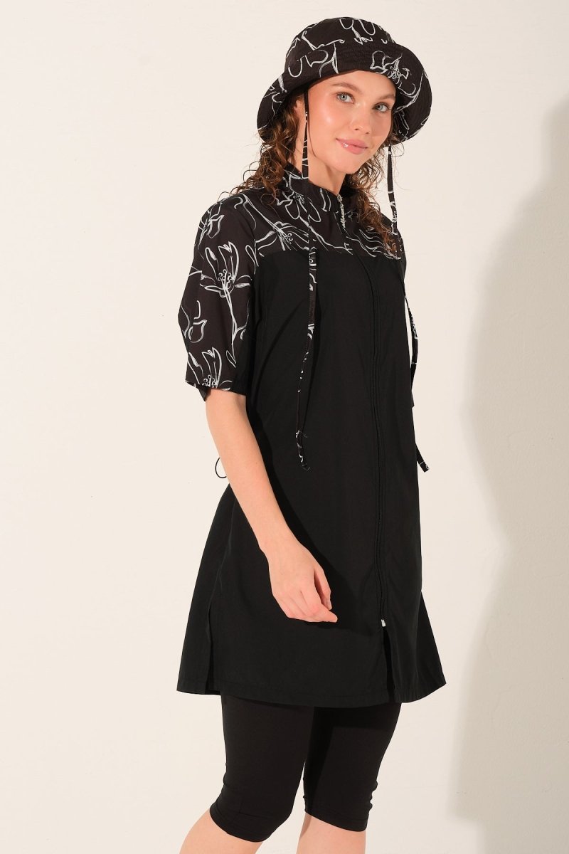 Alfasa Hooded, Front Zipper, Short Sleeve, Semi - Closed Modest Swimsuit 26714 - 26 Black - ihvan