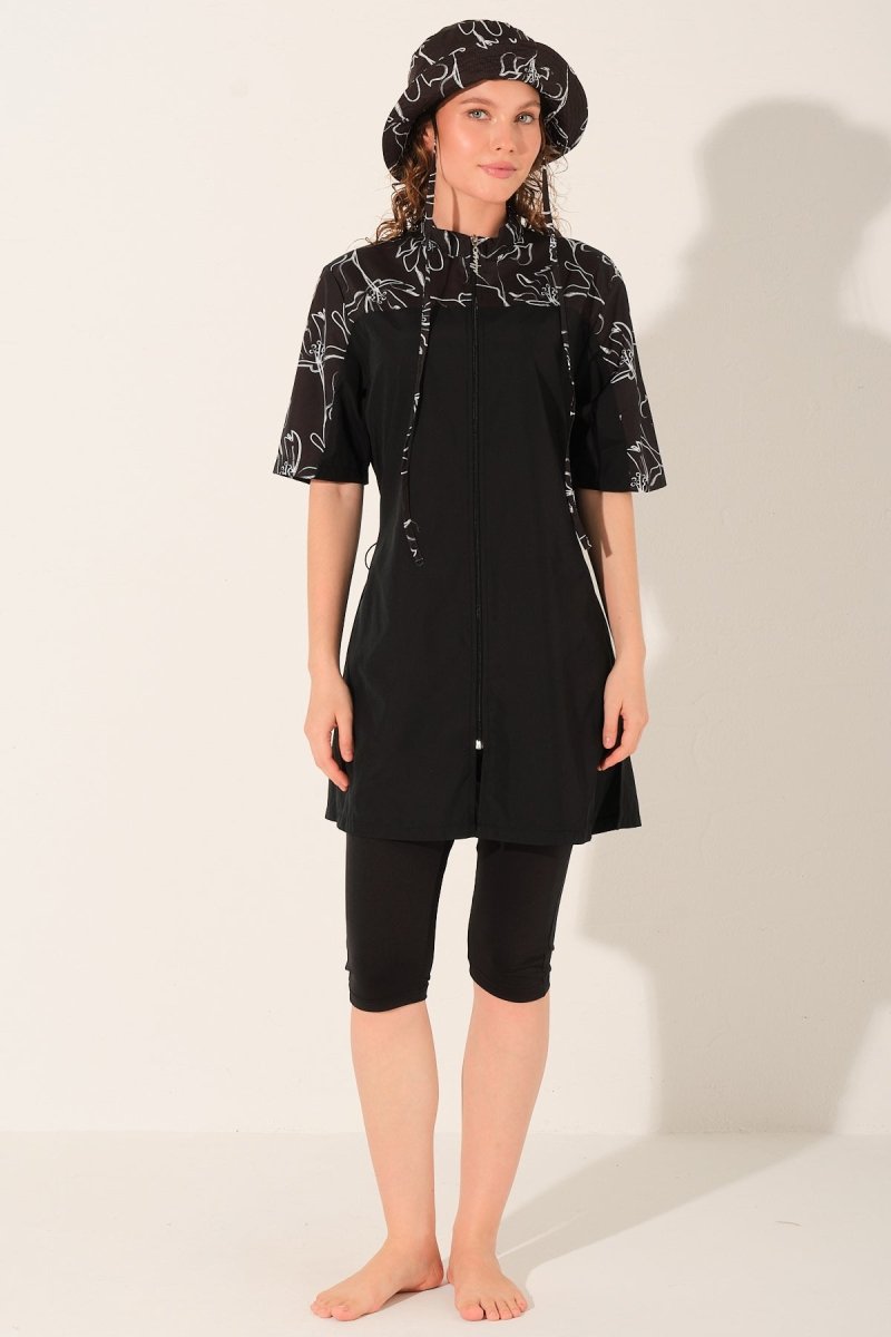 Alfasa Hooded, Front Zipper, Short Sleeve, Semi - Closed Modest Swimsuit 26714 - 26 Black - ihvan